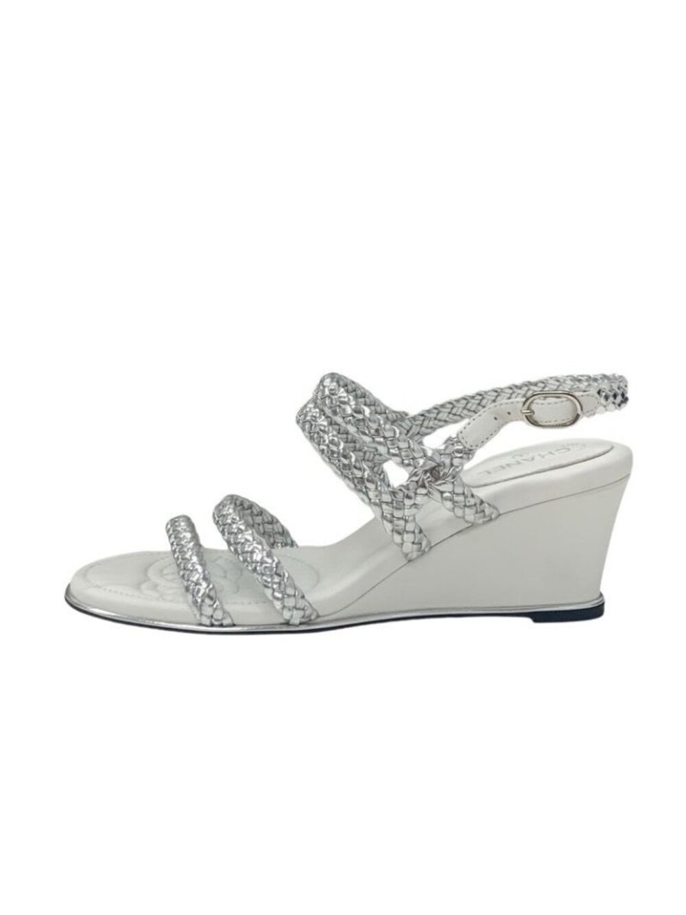Chanel Sandals Shoes Leather Silver White Strap Braided Wedge Sole - Picture 3 of 9